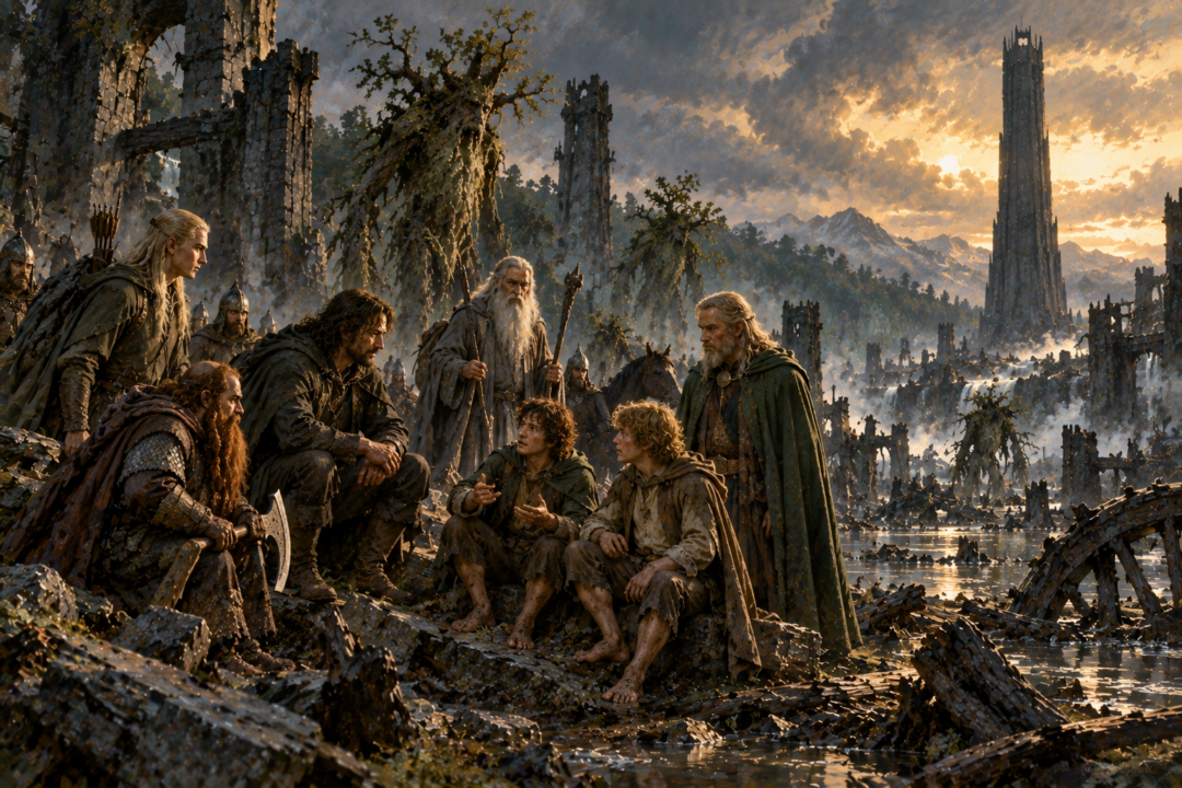 Merry and Pippin reunited with Aragorn, Legolas, and Gimli amid the flooded ruins of Isengard.