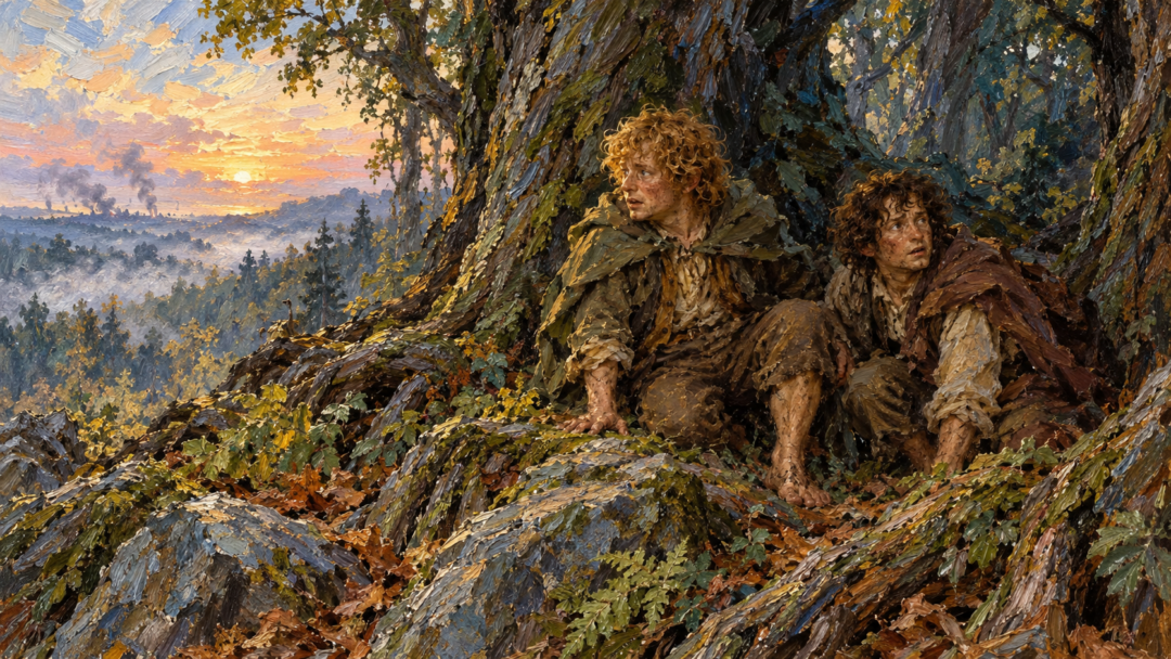 Merry and Pippin reach the ancient trees of Fangorn Forest after escaping the Orc camp.