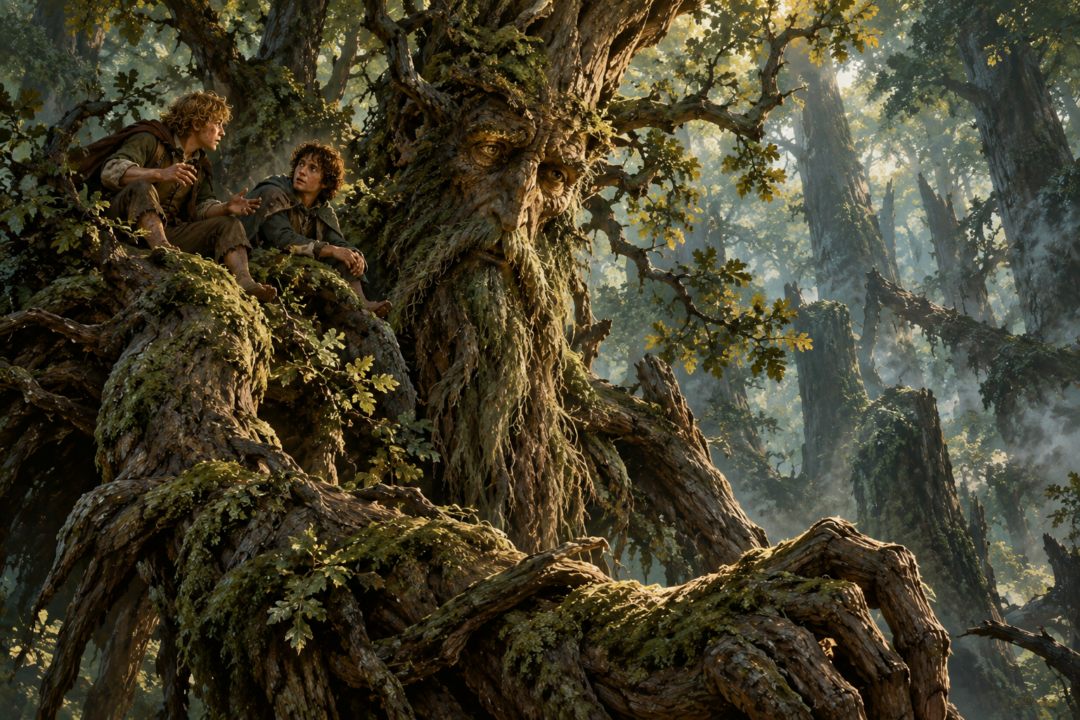 Merry and Pippin speaking with Treebeard among the ancient trees of Fangorn Forest.