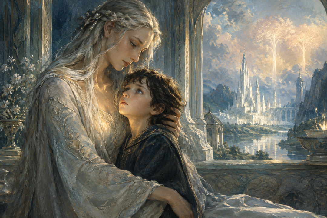 Míriel holding her young son Fëanor in Valinor, representing the mother-name Fëanáro, meaning Spirit of Fire.
