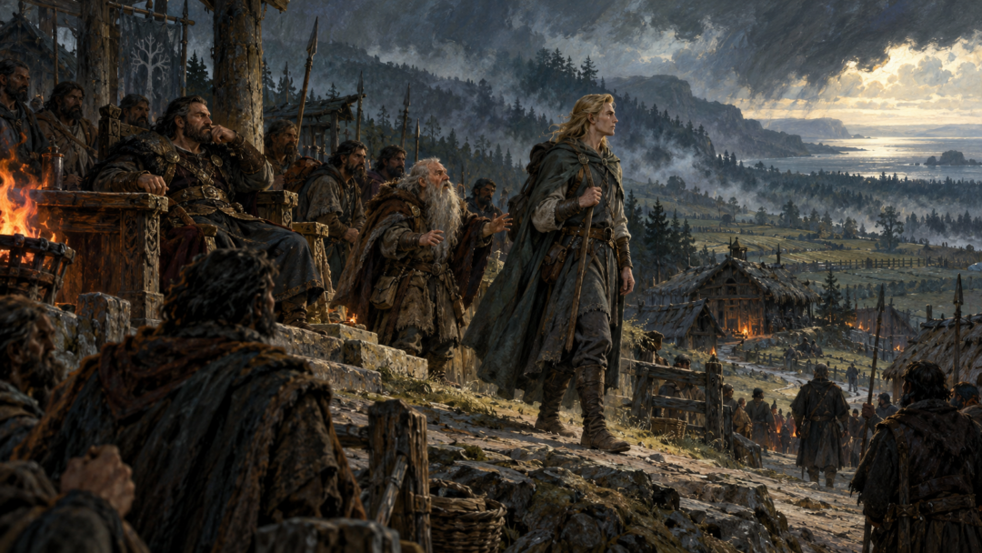 Mogru sends Tal-Elmar toward the coast to scout the approaching Númenórean ships while Hazad looks on.