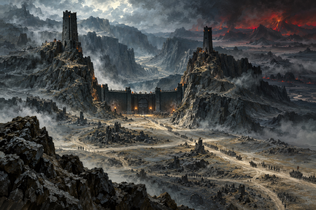 The Morannon closing Cirith Gorgor between the Towers of the Teeth and the mountains of Mordor