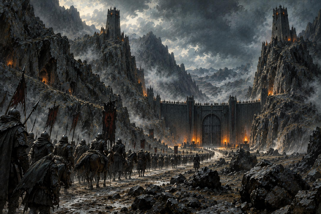 A guarded road approaching the Morannon beneath the towers and cliffs of Cirith Gorgor