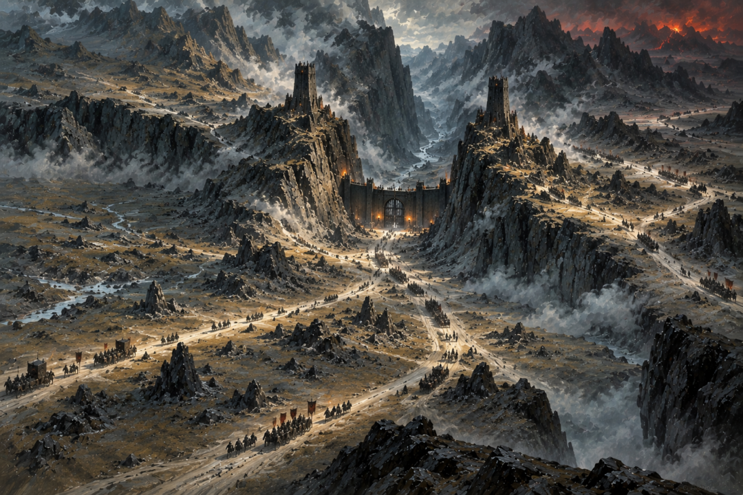 Elevated view showing how mountains, roads, towers and the Black Gate combined to control entry into Mordor