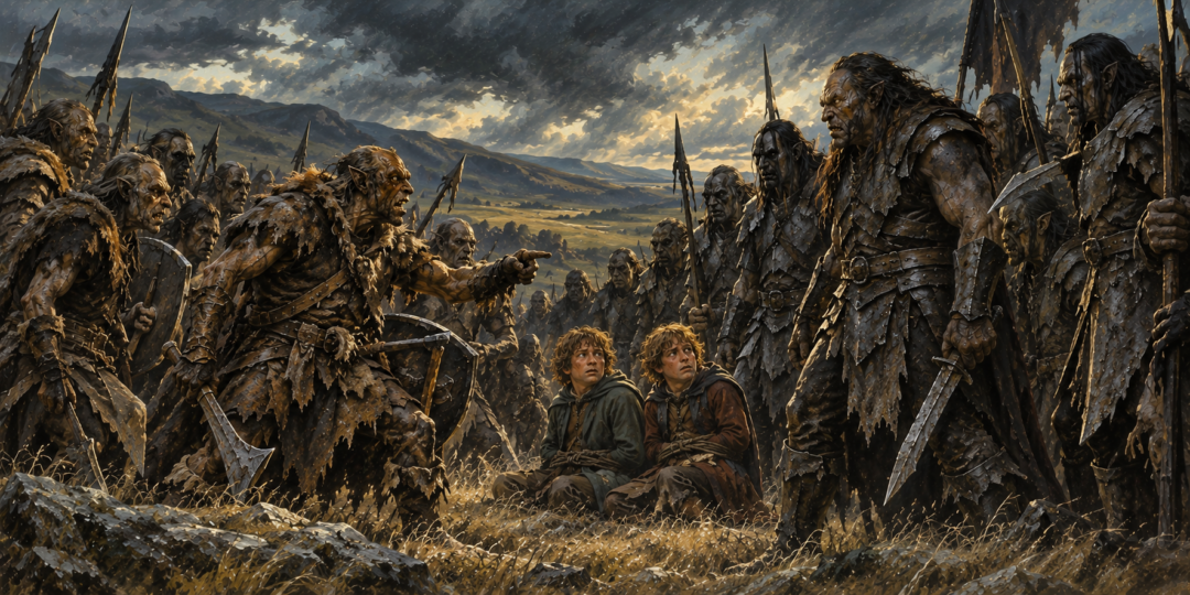 Northern Orcs from Moria argue with Isengard Uruk-hai over the fate of the captive hobbits Merry and Pippin.