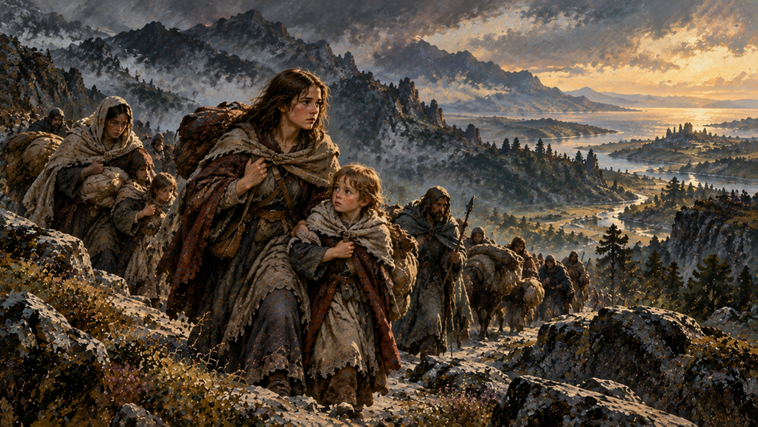 Young Morwen and Rían travel with Bëorian refugees toward Dor-lómin after escaping the fall of Dorthonion.