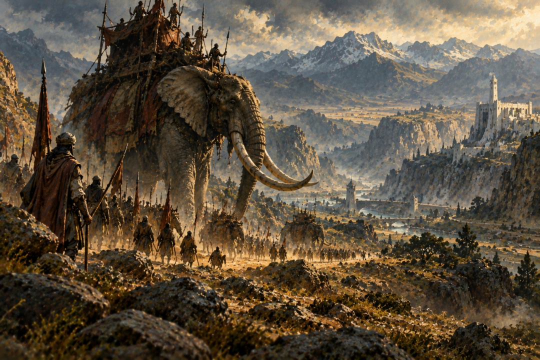 An enormous mûmak travels through the southern lands of Middle-earth on distant routes leading toward Gondor.