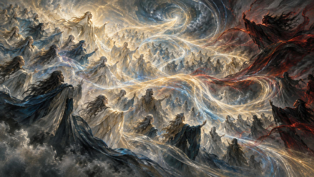 The Ainur participate in the Great Music as luminous harmonies intertwine with the dark discord introduced by Melkor.