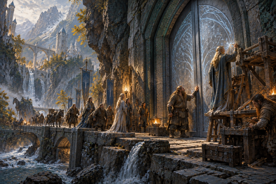 Narvi and Celebrimbor creating the Doors of Durin during the friendship between Khazad-dûm and Eregion