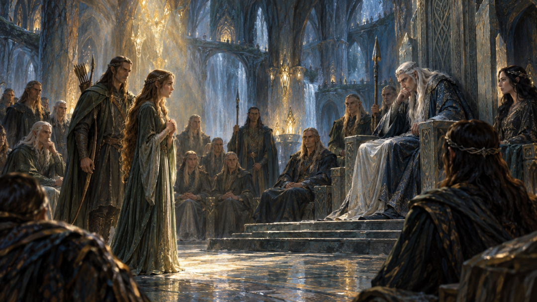 Nellas gives her eyewitness testimony before King Thingol in Menegroth while Beleg and the Elven counsellors listen.