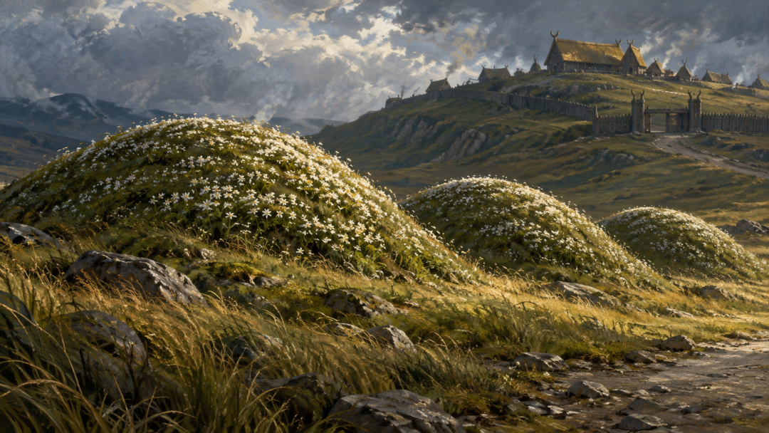 Nine western barrows of Rohan’s First Line of kings, ending with Helm Hammerhand’s flower-covered mound.