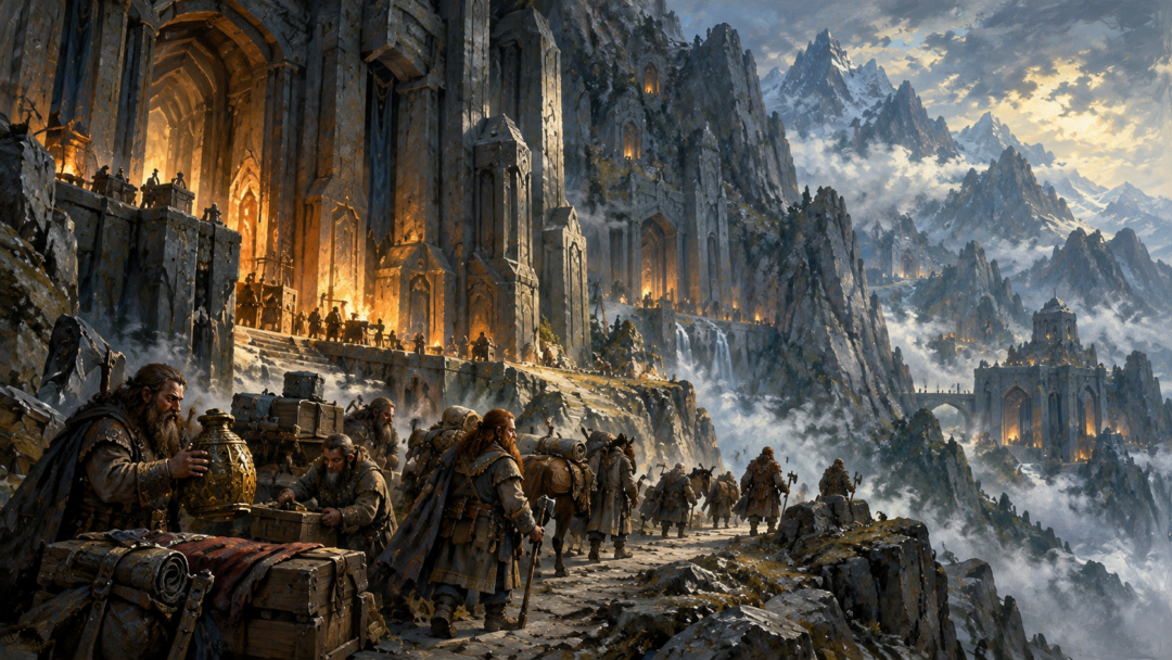 Ancient Dwarven mountain stronghold representing Nogrod and Belegost, with craftsmen preparing to travel from the Blue Mountains.