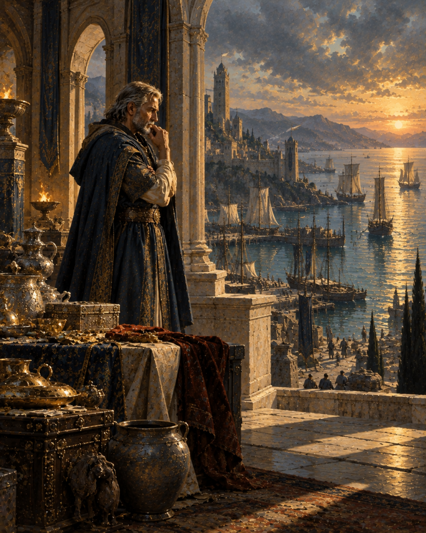 A troubled Númenórean nobleman contemplating the sea from a wealthy harbour hall as ships sail beneath the fading evening light.