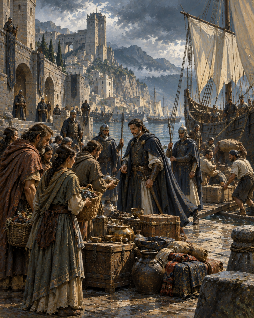 Númenórean officials overseeing the collection of goods from local inhabitants at a fortified coastal harbour during the Second Age.