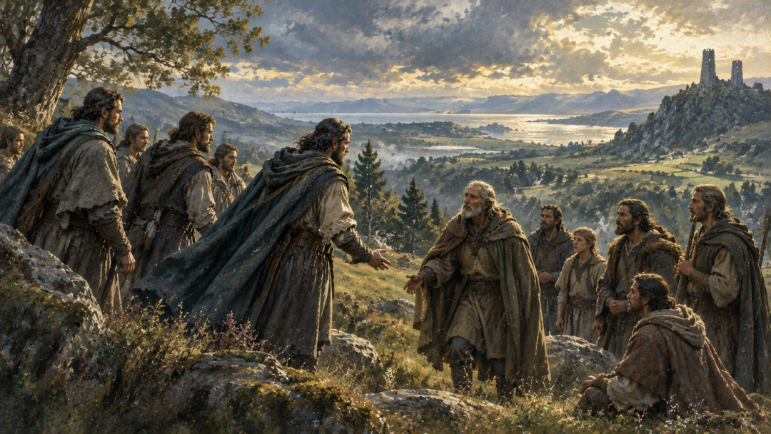 Early Númenórean travelers meeting the Men of Eriador among the grassy hills of western Middle-earth.