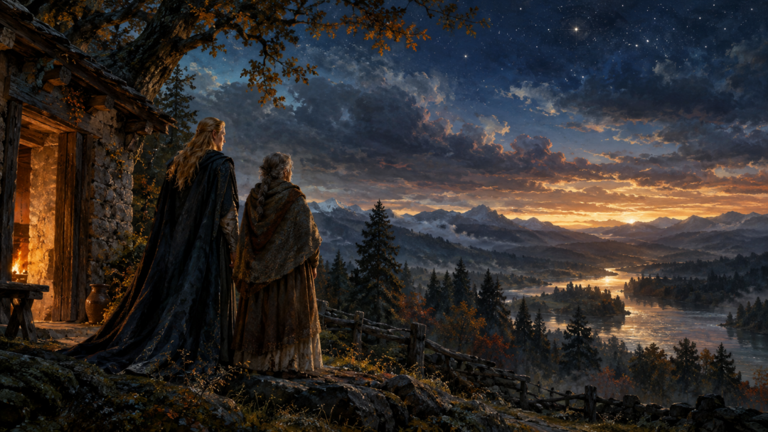 Finrod and Andreth silhouetted against the evening sky beyond a humble dwelling, with stars emerging above the shadowed landscape.