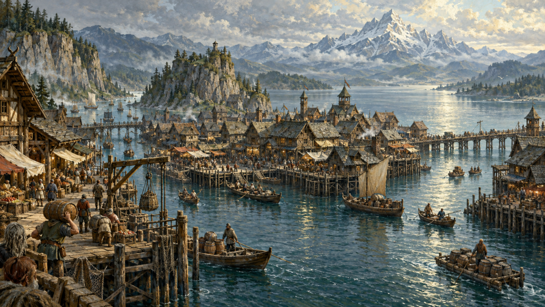 Panoramic view of old Lake-town built on enormous wooden piles above the Long Lake, with cargo boats, timber platforms, and a long bridge to shore.