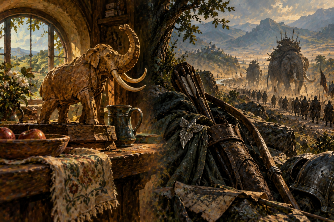 A visual contrast between the Shire's legendary Oliphaunt tradition and Gondorian firsthand knowledge of the mûmak.