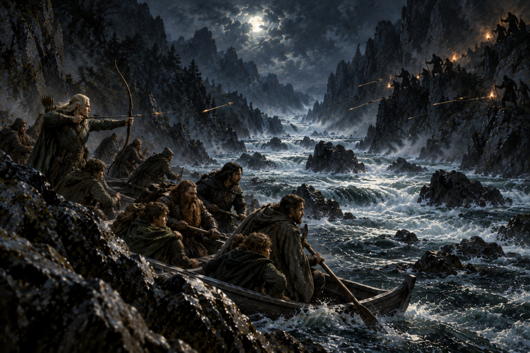 Orc archers attacking the Fellowship on the Anduin near Sarn Gebir as the companions struggle to escape the dangerous current.