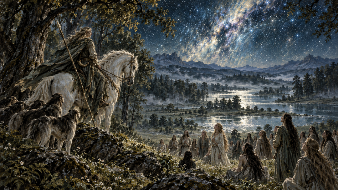 Oromë riding his white horse Nahar encounters the first Elves beneath the stars near Cuiviénen before naming them the Eldar.
