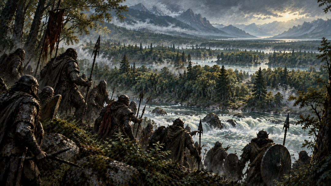 An armed invading force confronting the layered rivers and dense forests of decentralized Ossiriand.