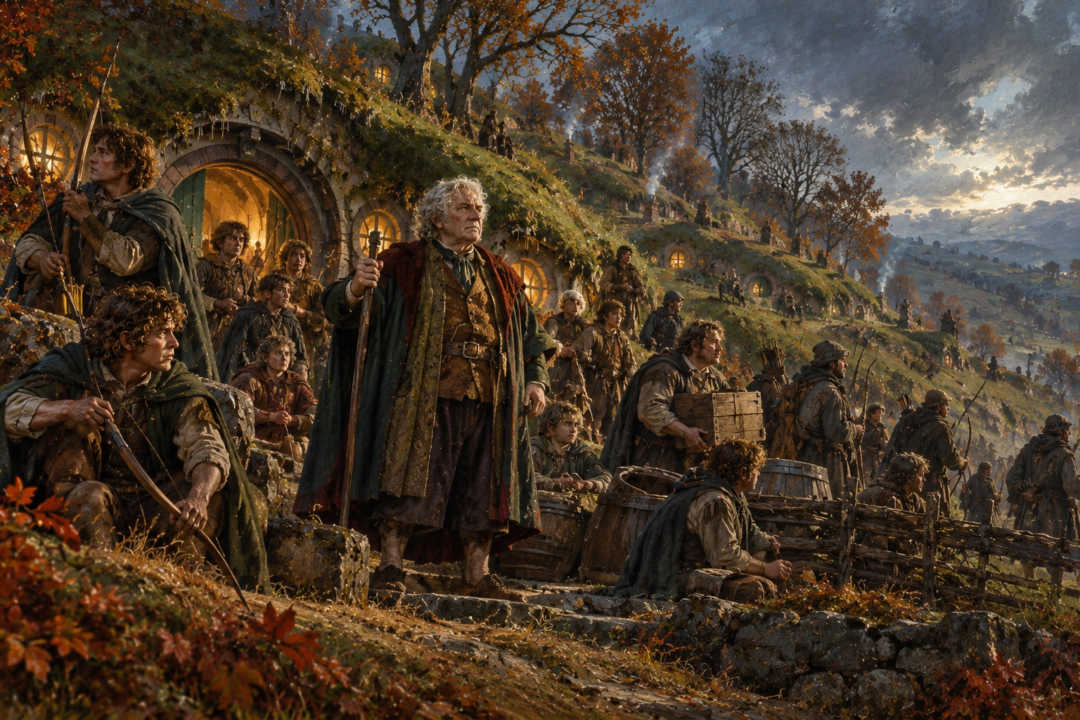 Paladin Took II and members of the Took family preparing to defend the Great Smials during the Troubles.