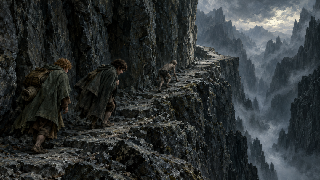 Exhausted Frodo and Sam follow Gollum through a dark mountain passage between the Straight Stair and Winding Stair.