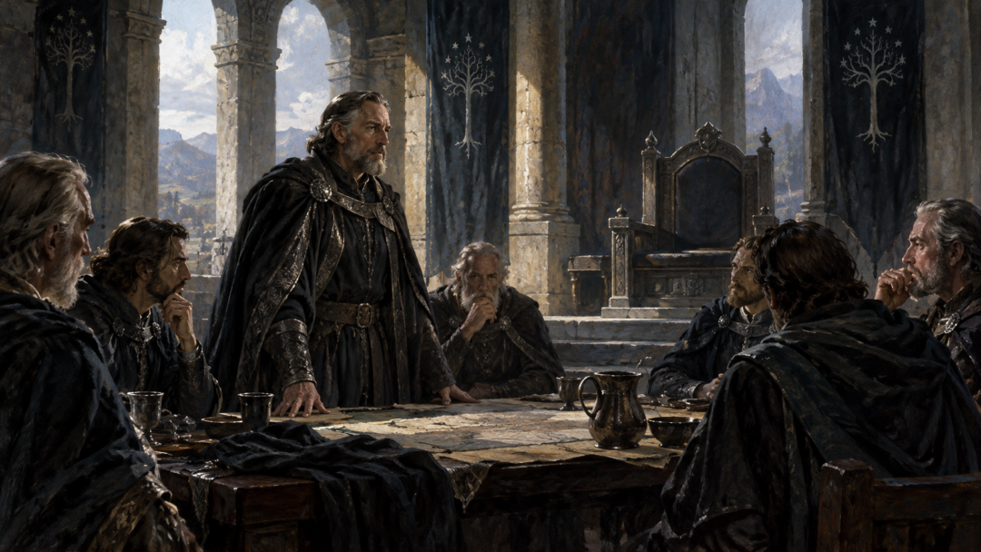 Steward Pelendur and the Council of Gondor deliberating in a stone chamber with the royal throne vacant following King Ondoher's death.