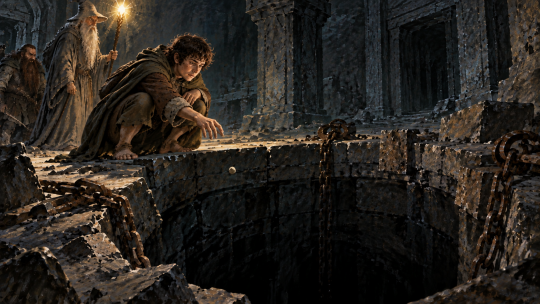 Pippin drops a small stone into the deep well of Moria's abandoned guardroom during the Fellowship's first night underground.
