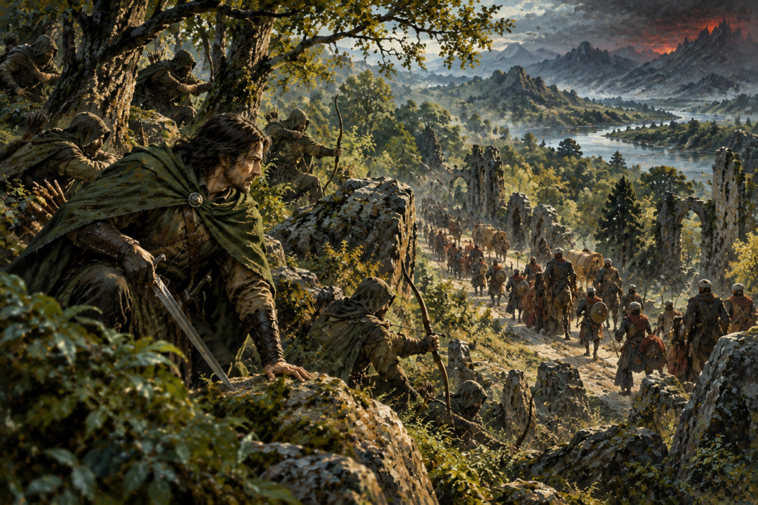 Rangers of Ithilien using woodland cover to ambush Haradrim forces passing through the forest.
