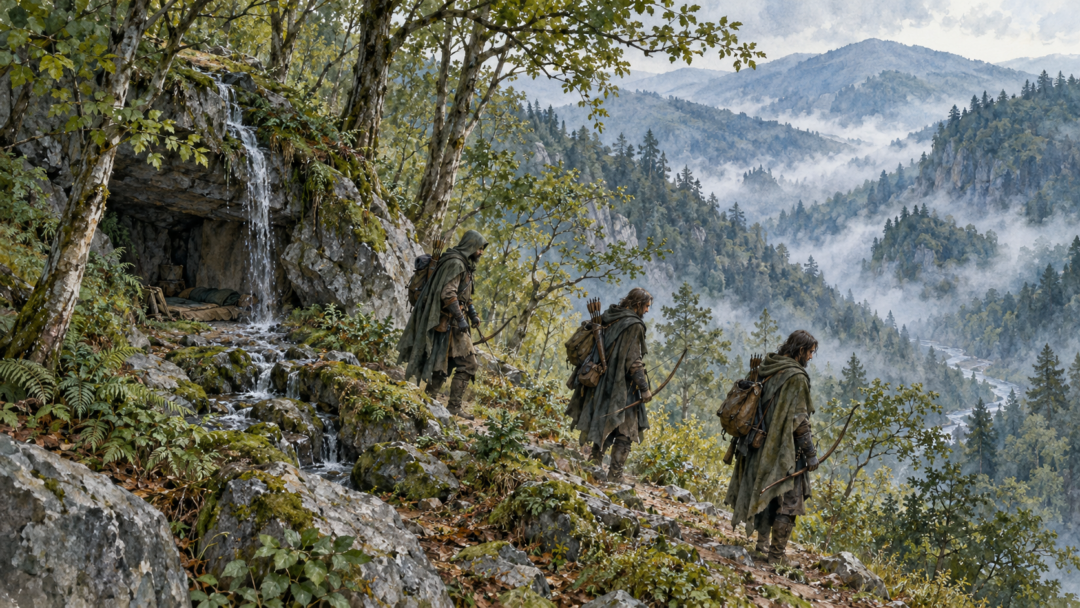 Rangers of Ithilien quietly leaving the concealed refuge of Henneth Annûn as war closes around the region.