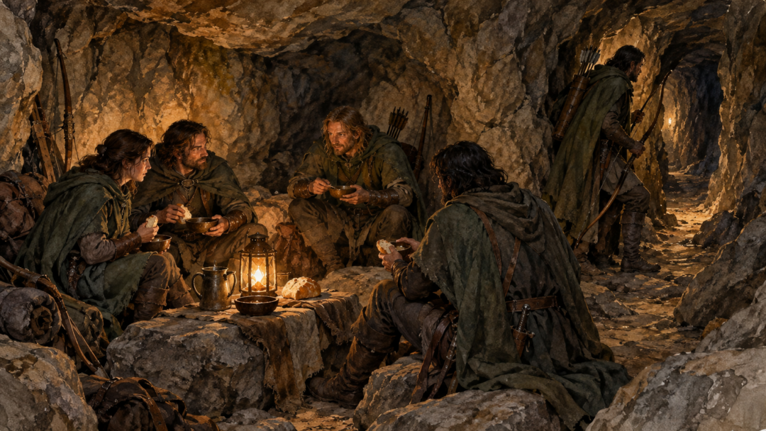 Rangers of Ithilien resting and eating inside the modest rocky shelter of Henneth Annûn after operating in the surrounding country.