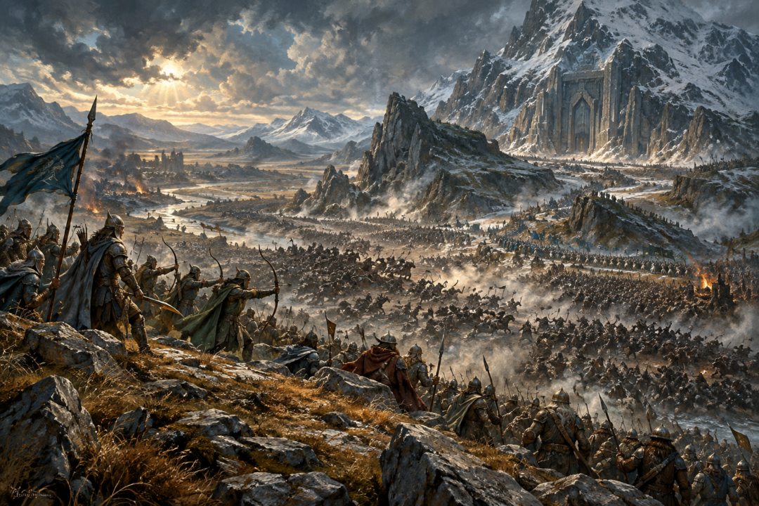Ravenhill overlooking the battlefield between its rocky slopes and the Lonely Mountain during the Battle of Five Armies