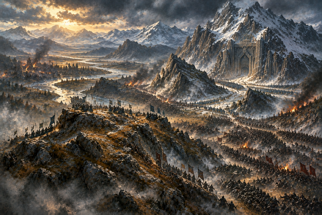 Elevated view showing Ravenhill, Erebor, and the terrain shaping troop movements during the Battle of Five Armies