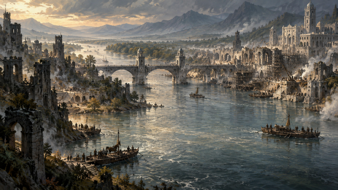Rebuilt Osgiliath spanning the Anduin with its great stone bridge and smaller ferry boats operating along the river