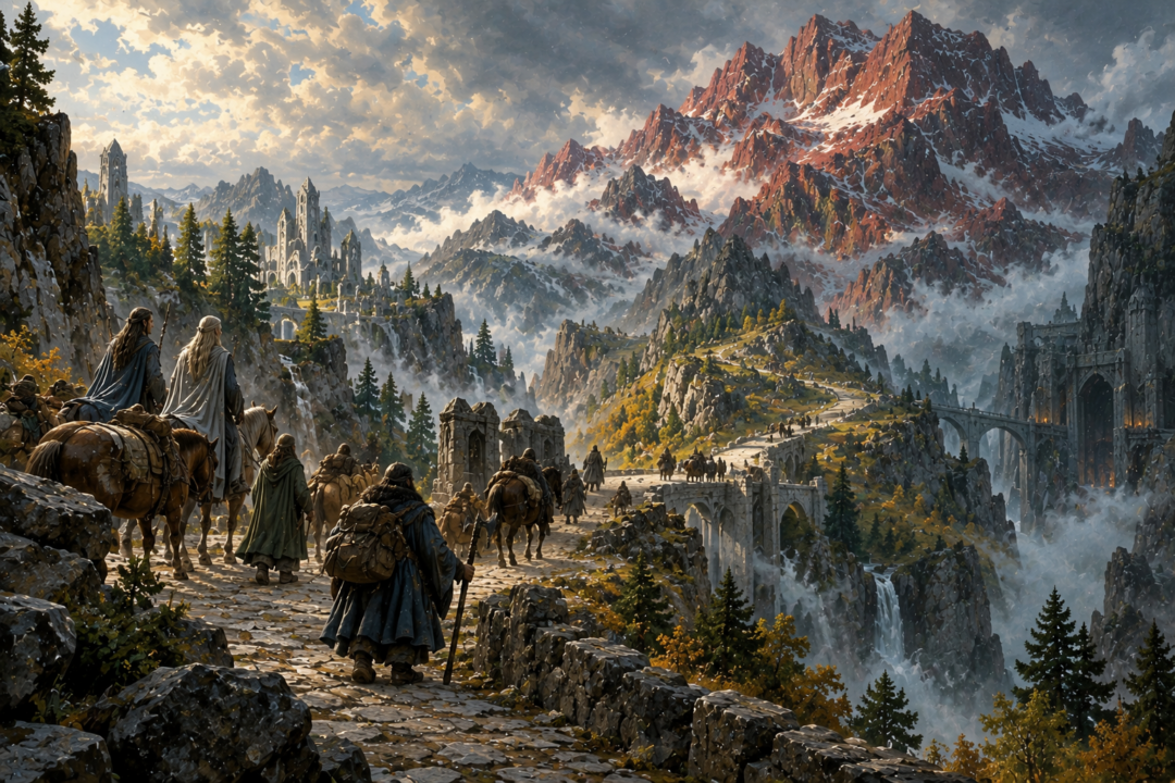 Elves and Dwarves travelling the ancient road from Eregion toward the Redhorn Pass and Khazad-dûm
