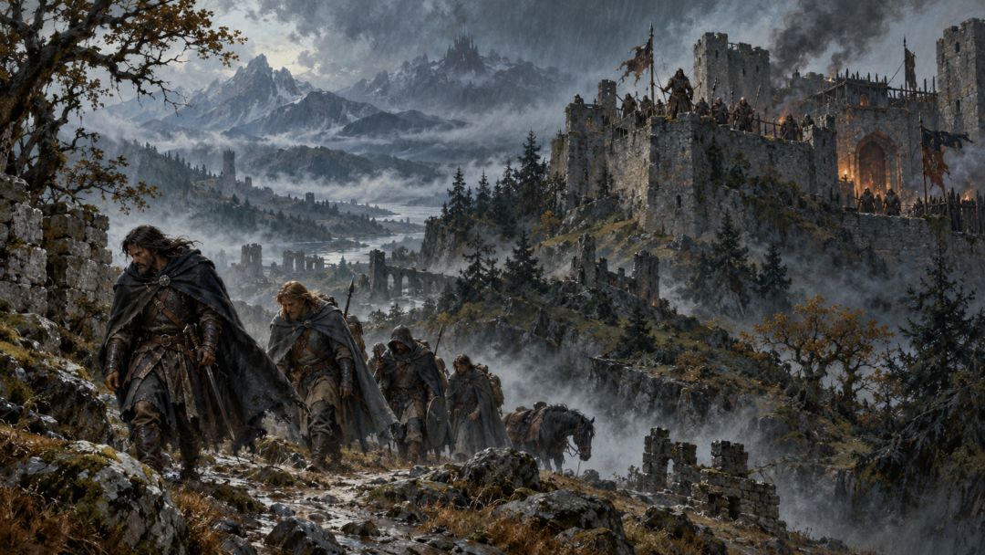 Dúnedain leaving the rugged hills of Rhudaur as Hill-men occupy an old northern stronghold.