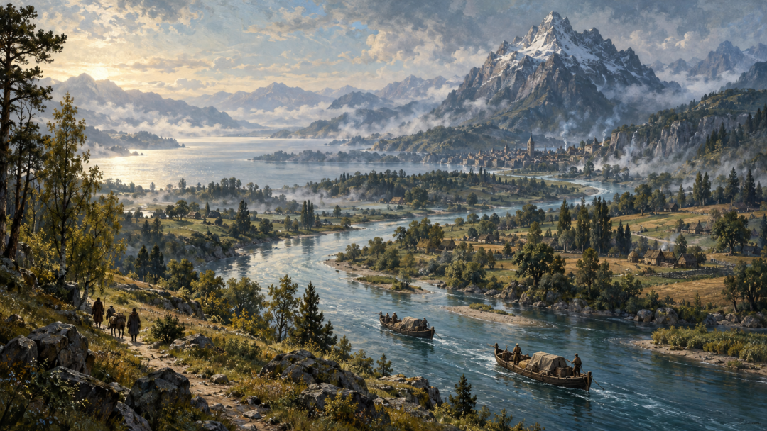 The River Running winding south from Erebor and Dale toward the Long Lake, with small boats and travellers in the surrounding countryside.