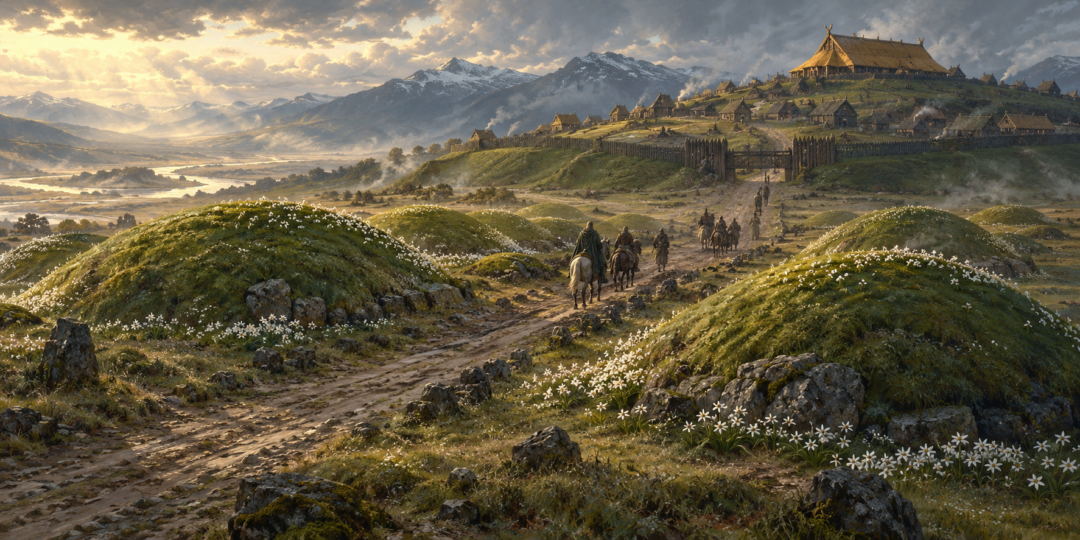 The separated western and eastern rows of royal barrows beneath Edoras marking the break between Rohan’s first two lines of kings.