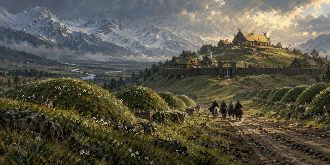 The road to Edoras passing between seven and nine green royal burial mounds covered with white simbelmynë.