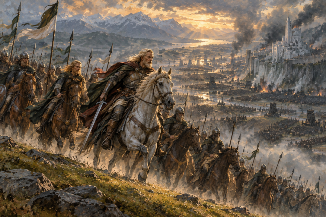 Théoden and Éomer leading the Rohirrim onto the Pelennor Fields as Rohan answers Gondor's call for aid.