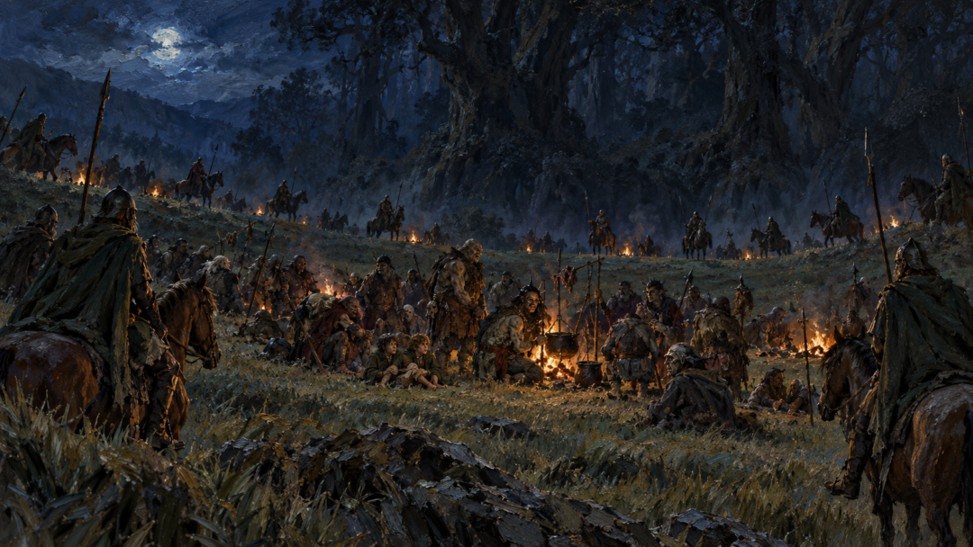 Riders of Rohan encircle the Orc company holding Merry and Pippin beside Fangorn Forest at night.