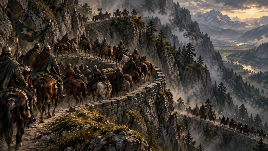 Mounted Rohirrim negotiating a sharp bend on the narrow mountain road leading to Dunharrow.