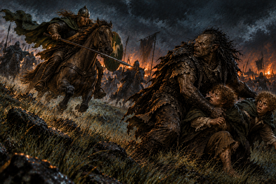A Rider of Rohan confronting Grishnákh as Merry and Pippin gain their chance to escape