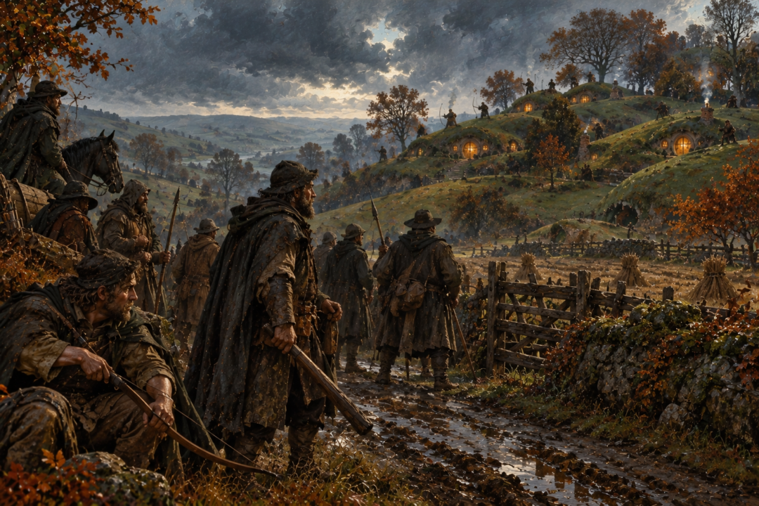 Ruffians watching the roads into Tookland while armed hobbit sentries guard the distant Green Hills.