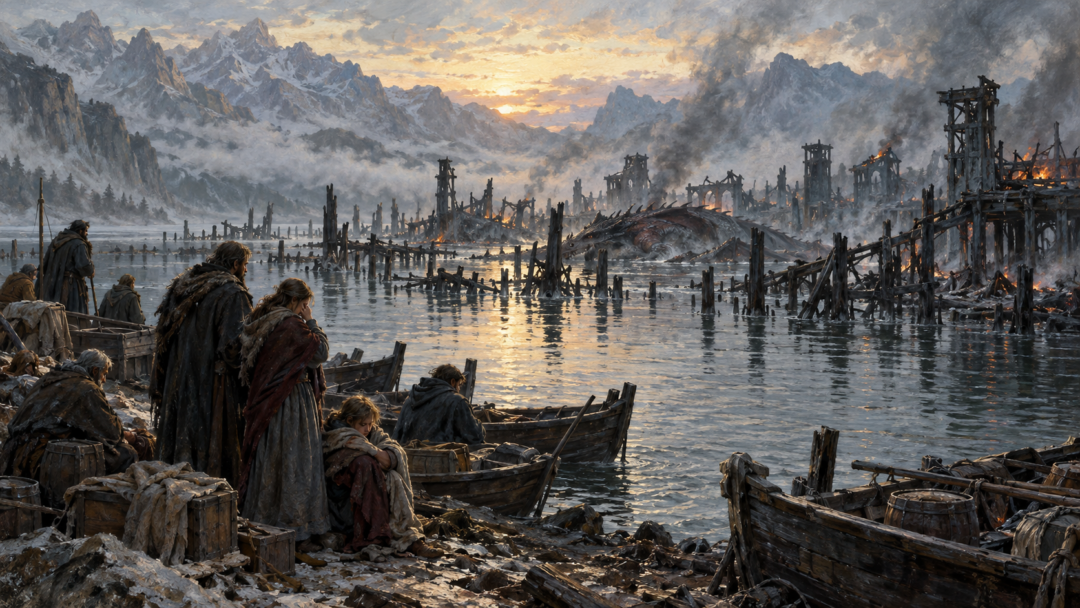 Survivors looking across the Long Lake at the charred piles and submerged ruins of Lake-town after Smaug's destruction.