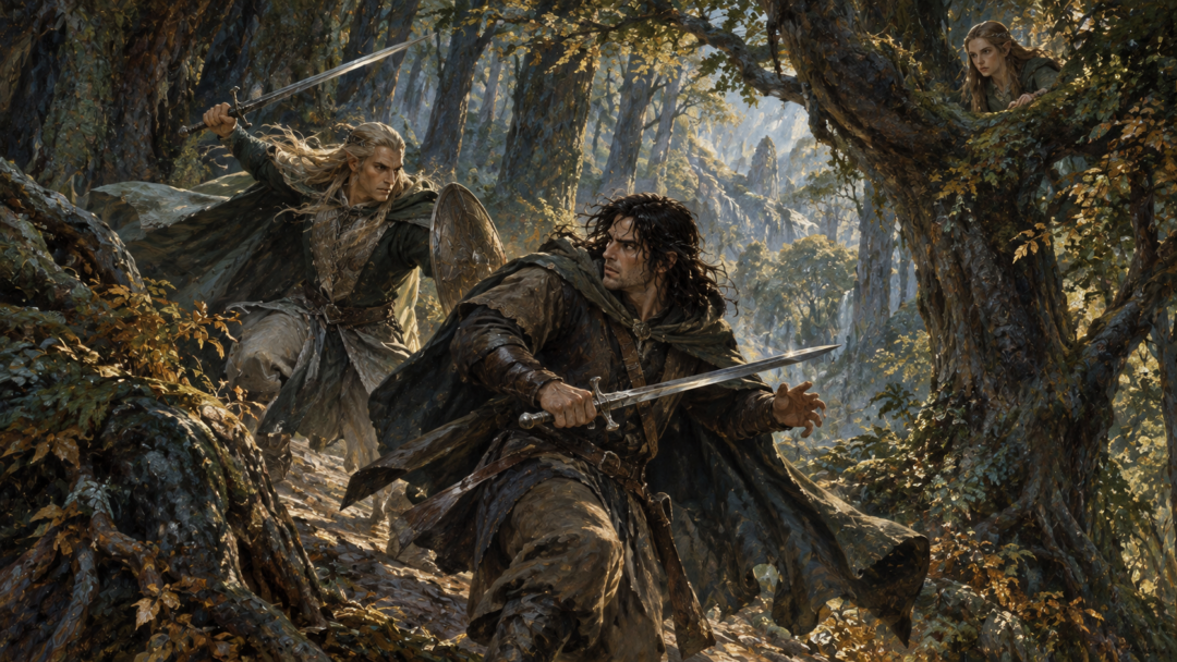Saeros attacks Túrin in the forest of Doriath while Nellas secretly witnesses the confrontation from a tree.