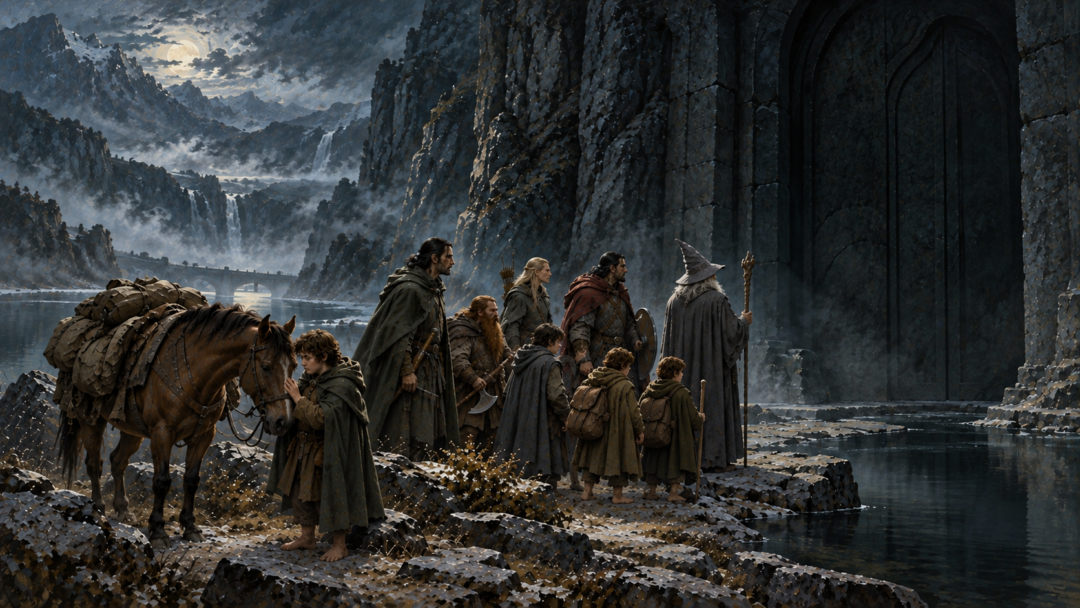 Sam comforts Bill the pony outside the western entrance to Moria while Gandalf and the Fellowship prepare to enter.