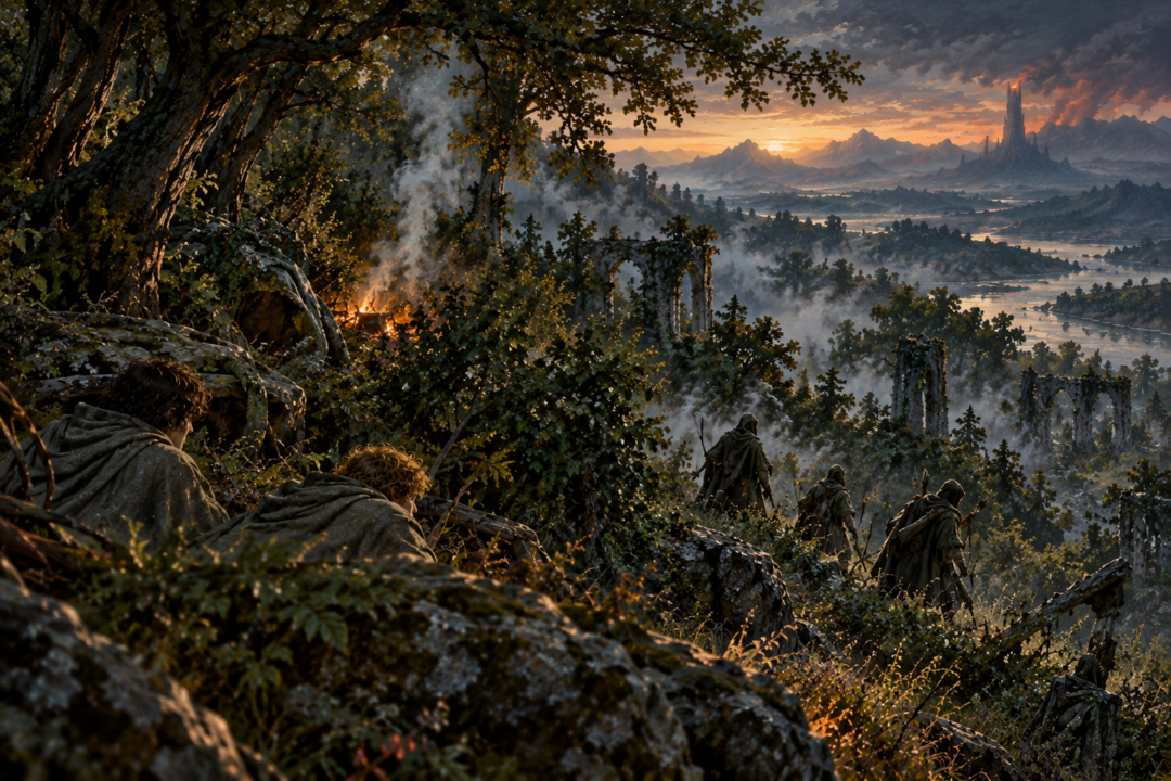 Smoke rises above Sam's hidden cooking fire in Ithilien, threatening the hobbits' concealment.