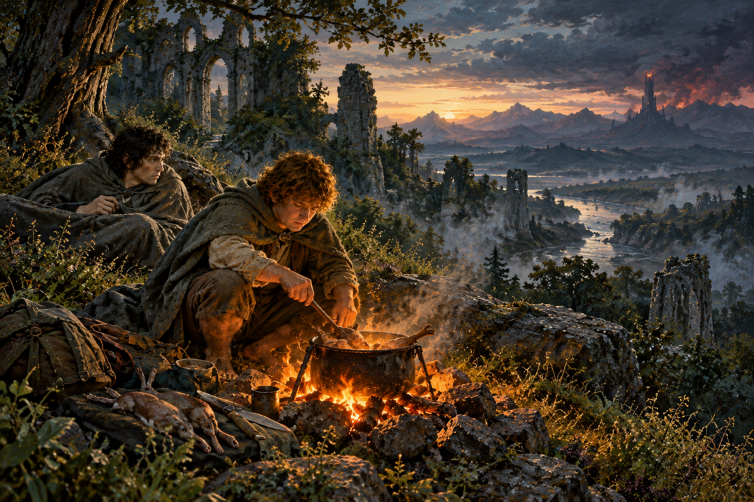 Sam cooks rabbit stew over a small fire while Frodo rests in the wooded hills of Ithilien.